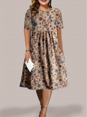 Floral Print Short Sleeve Round Neck Pleated Dress With Pockets