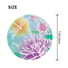 Dragonfly And Lotus Pattern Circular Stitched Edge Mousepad
