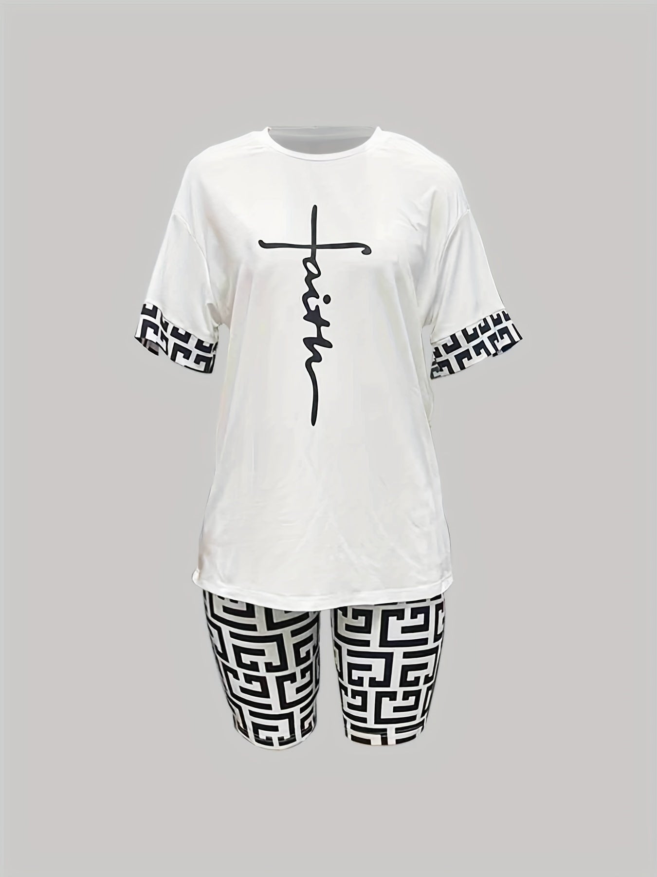 Geo Print Two piece Set Short Sleeve T shirt & Biker Shorts Outfit
