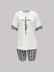 Geo Print Two piece Set Short Sleeve T shirt & Biker Shorts Outfit