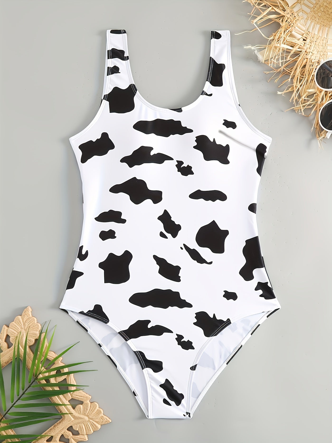 Cow Print Round Neck One Piece Swimsuit