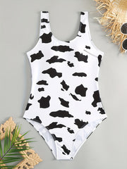 Cow Print Round Neck One Piece Swimsuit