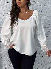 Contrast Lace Sleeve V Neck Blouse