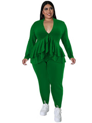 Ruffle Trim V Neck Long Sleeve Shirt & Pants Set Plus Size