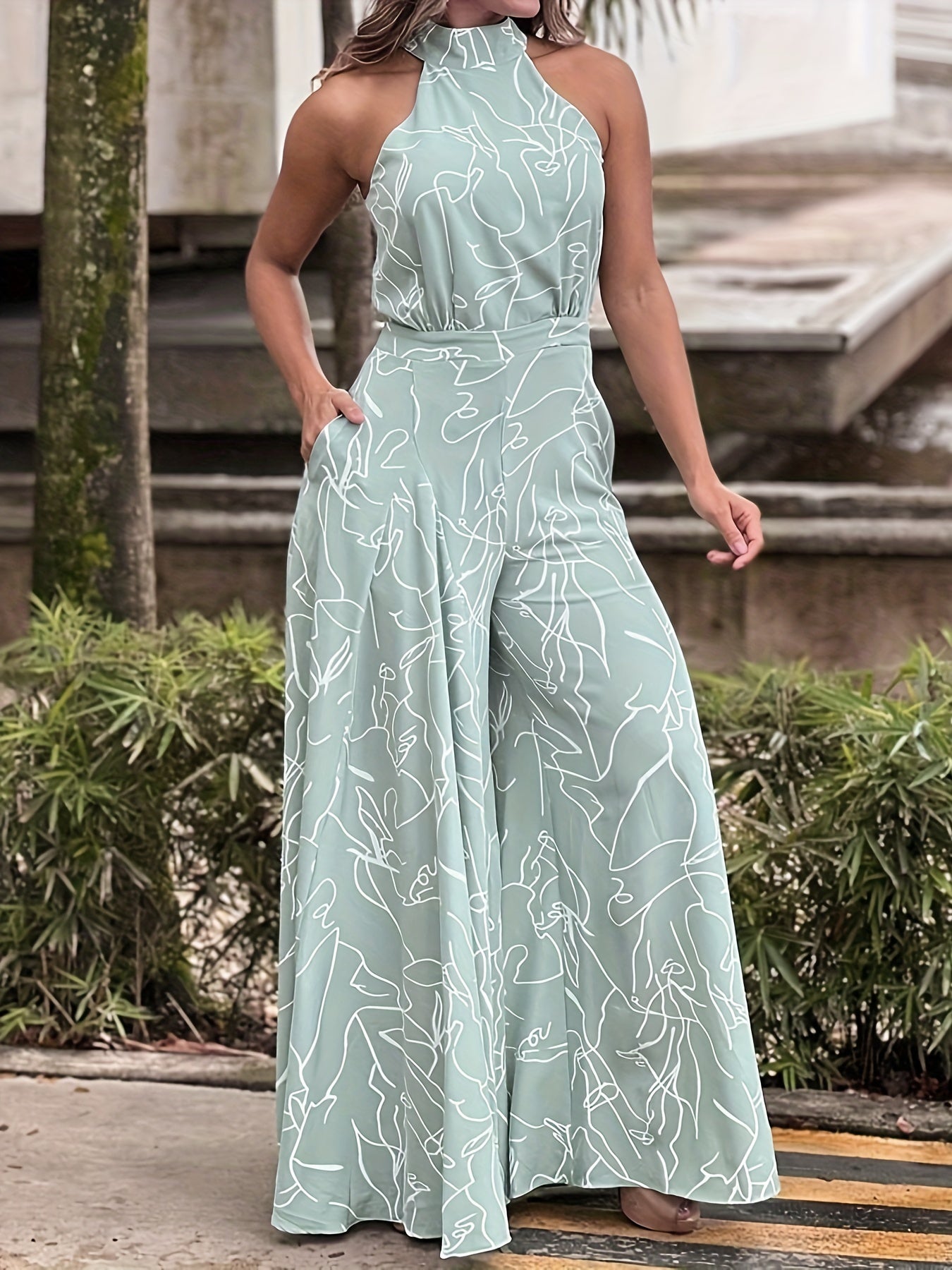 Abstract Print Wide Leg Jumpsuit Sleeveless For Spring & Summer