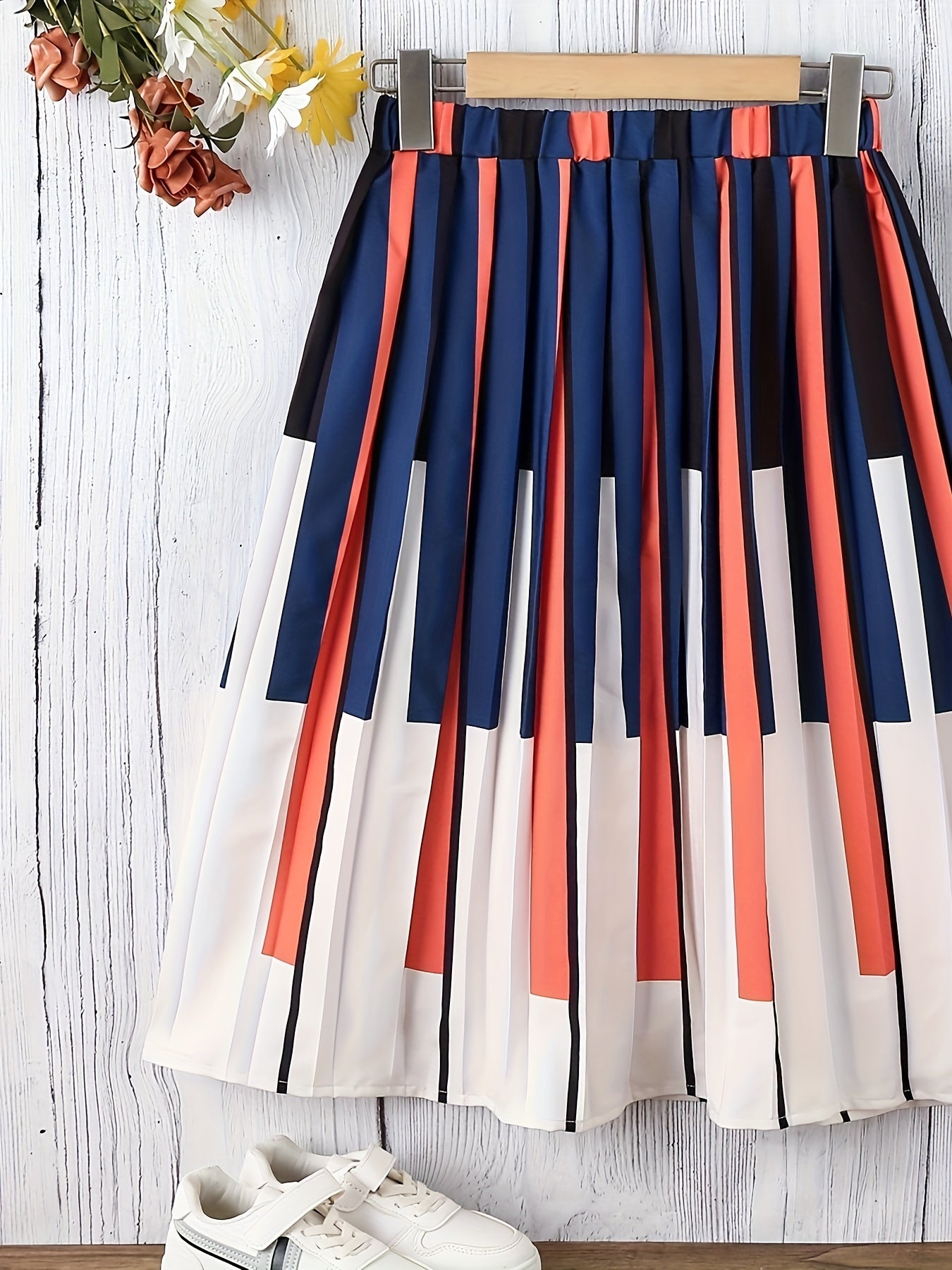 Girls Pleated Piano Striped Print Skirt Elastic Waist Preppy Style