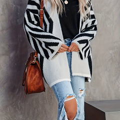 Casual Cardigan Women's Plus Stripe Print Long Sleeve Open Front