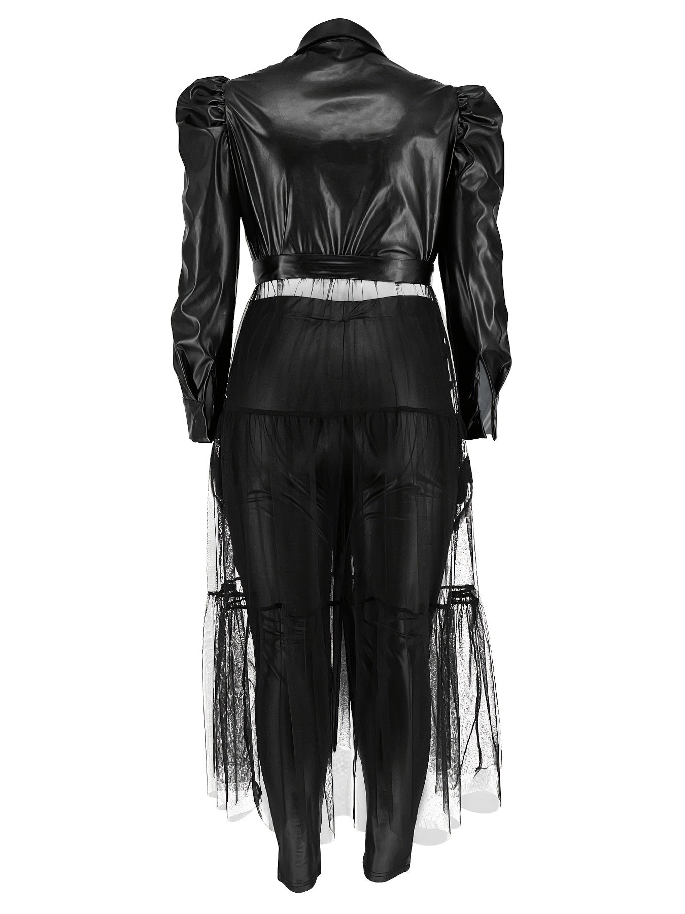 Punk Dress Women's Faux Leather Mesh Sleeve Button Up Dress