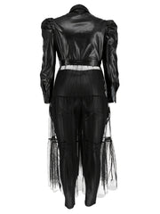 Punk Dress Women's Faux Leather Mesh Sleeve Button Up Dress