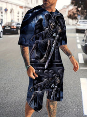 Men's Skull Pattern T shirt & Shorts Set for Fitness