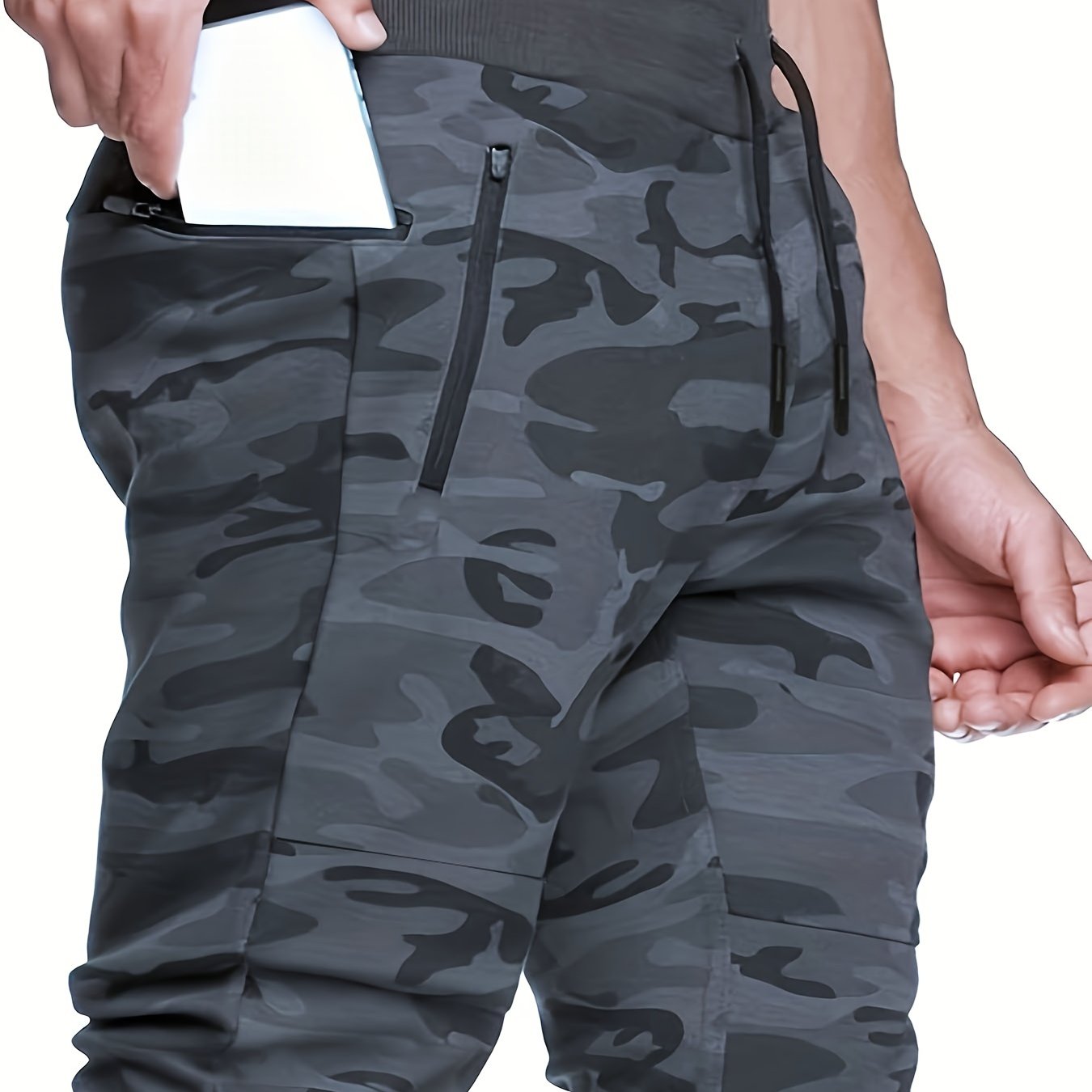 Men's Camo Fitness Shorts w/ Zip Pocket Breathable Drawstring for Outdoor