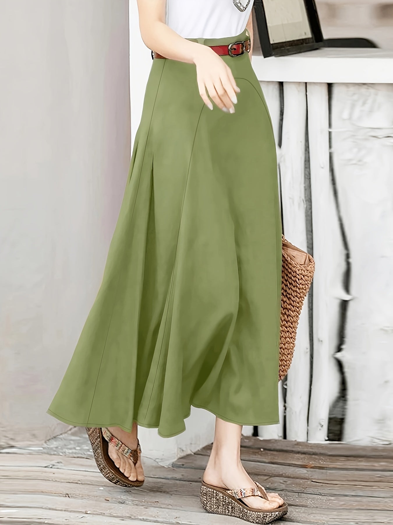 Solid Stitching High Rise Swing Maxi Skirt