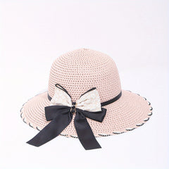 Women's Lace Satin Bow Sun Hat Wide Brim Straw Hat