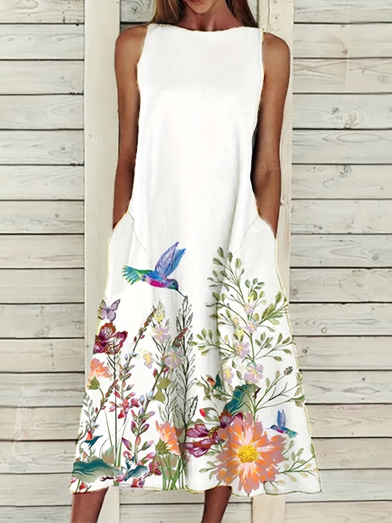 Floral Print Sleeveless Dress Casual Summer Midi Dress With Pockets
