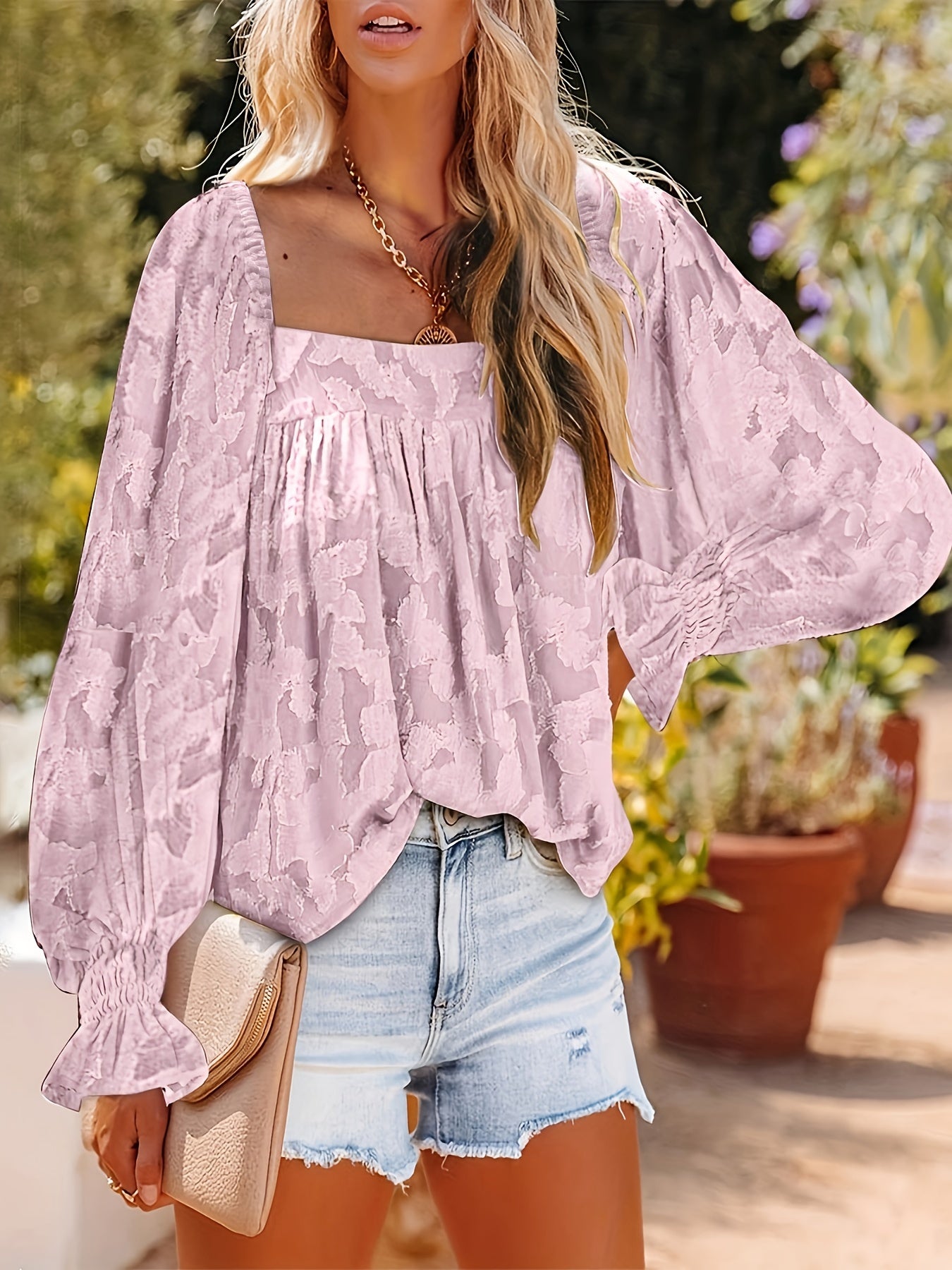 Casual Blouse Women's Plus Solid Floral Textured Lantern Sleeve