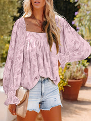 Casual Blouse Women's Plus Solid Floral Textured Lantern Sleeve