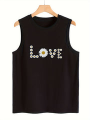 Floral & Abstract Love Print Sleeveless Sports Vest Round Neck Stretchy