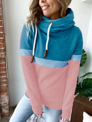 Block Turtle Neck Hoodie Casual Long Sleeve Drawstring Hoodies