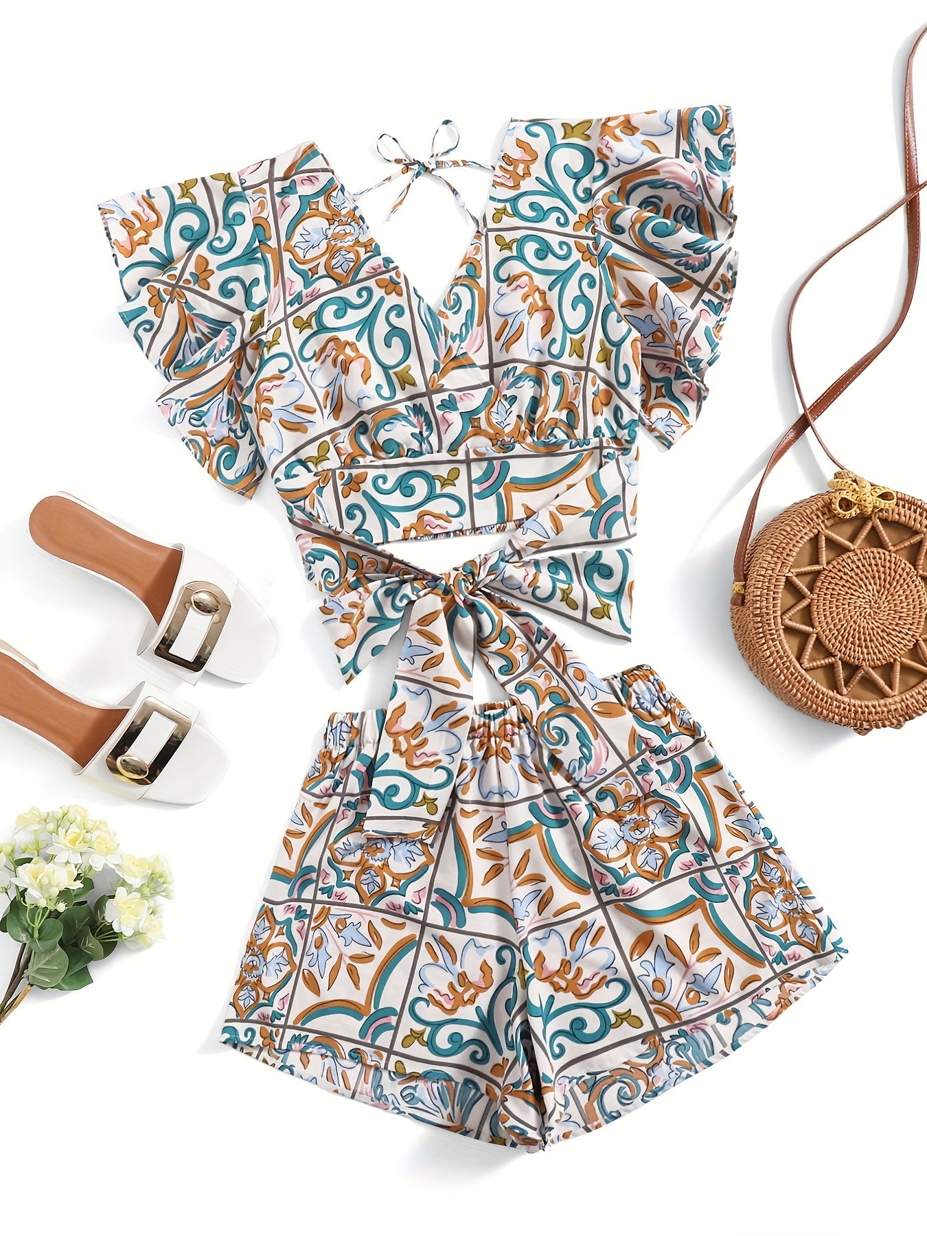 Floral Print Two Piece Set Ruffle Trim V Neck Tops & Elastic Waist Shorts