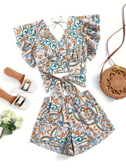 Floral Print Two Piece Set Ruffle Trim V Neck Tops & Elastic Waist Shorts