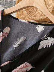 Feather Print Lantern Sleeve Maxi Dress Belt
