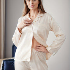Stripe Print Satin Pajama Set Long Sleeve Top & Elastic Waistband Pants