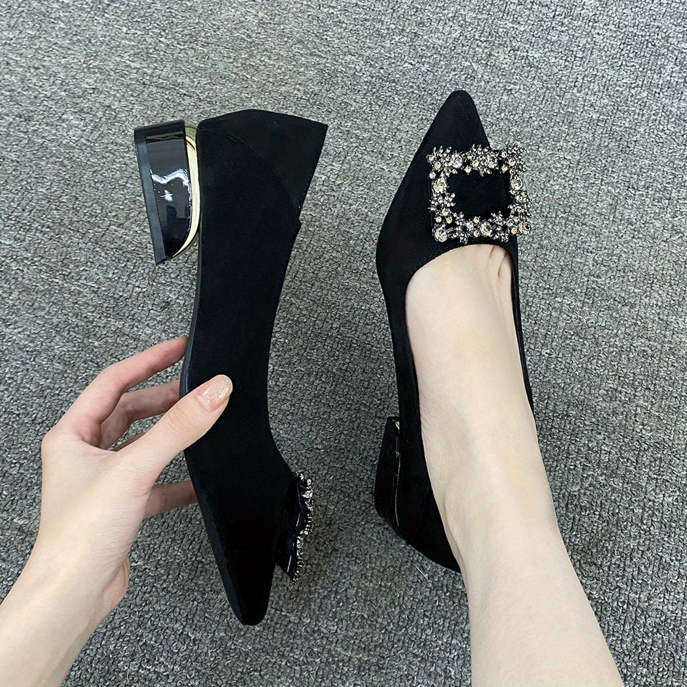 Women's Rhinestone Pointed Toe Low Heel Slip On Shoes