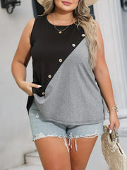 Colorblock Button Round Neck Tank Top