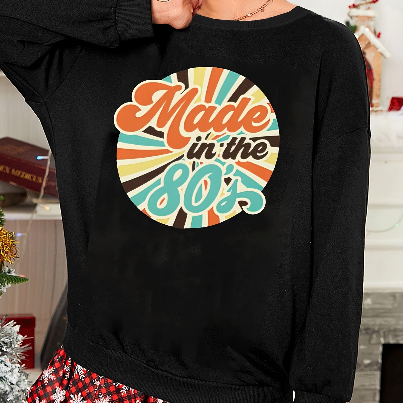Lounge Top Women's Art Letter Print Long Sleeve Round Neck Stretch Tee
