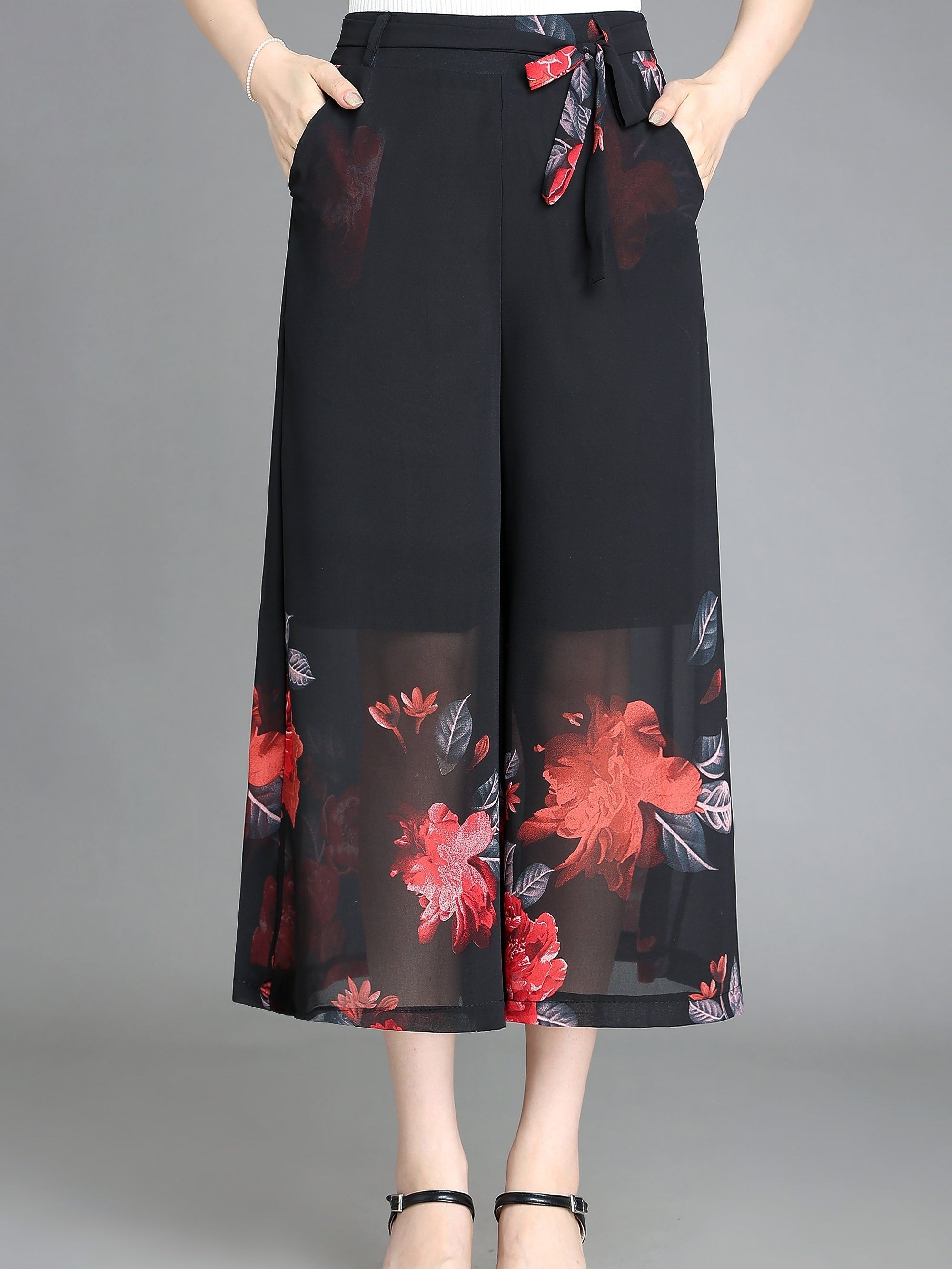 Floral Pattern Chiffon Wide Leg Pants for Women