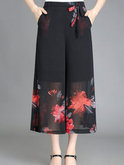 Floral Pattern Chiffon Wide Leg Pants for Women