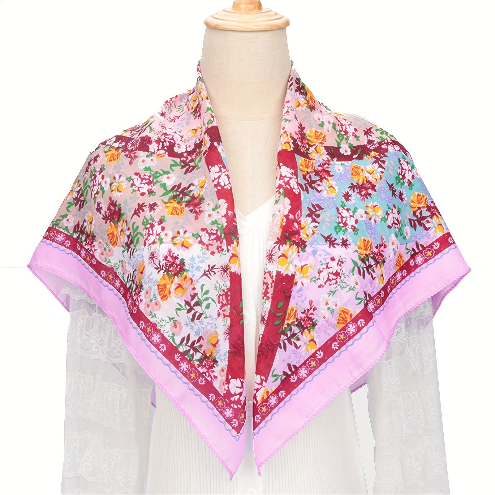 Boho Floral Print Square Scarf Pink Silk Bandana Head Wrap