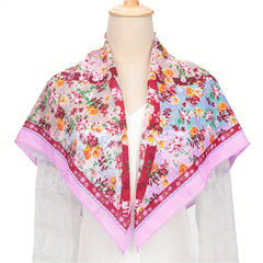 Boho Floral Print Square Scarf Pink Silk Bandana Head Wrap