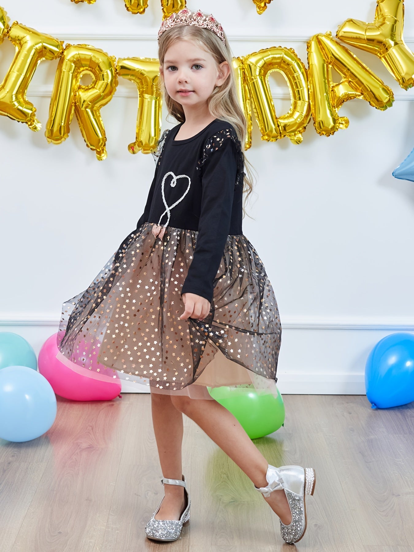 Girls' Mermaid Print Cotton Long Sleeve Tutu Dress Birthday Party Mesh Dress