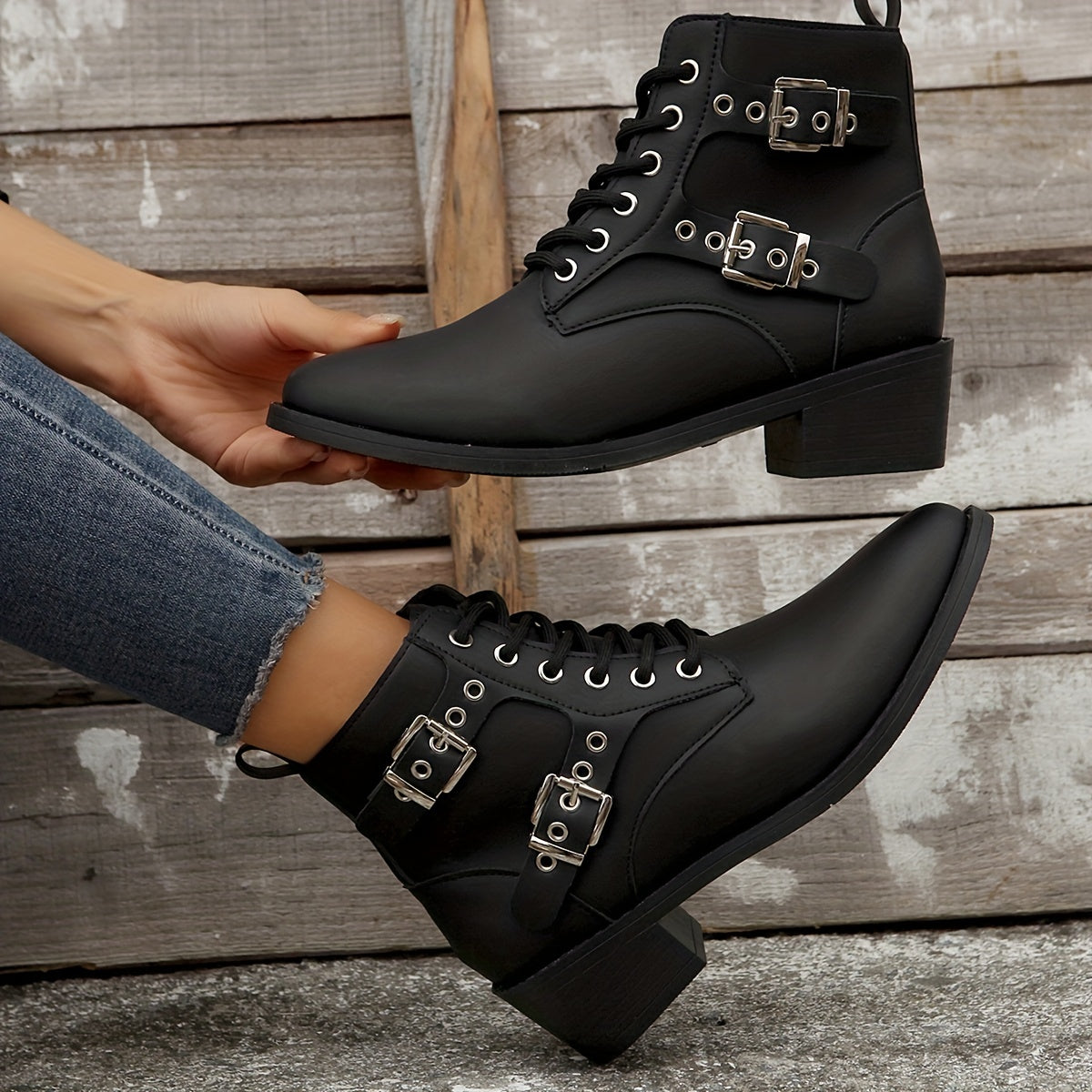 Women's Eyelet Buckle Western Style Cowboy Boots Lace up Outdoor Mid Calf Boots