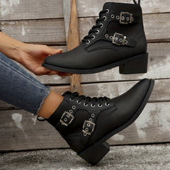 Women's Eyelet Buckle Western Style Cowboy Boots Lace up Outdoor Mid Calf Boots
