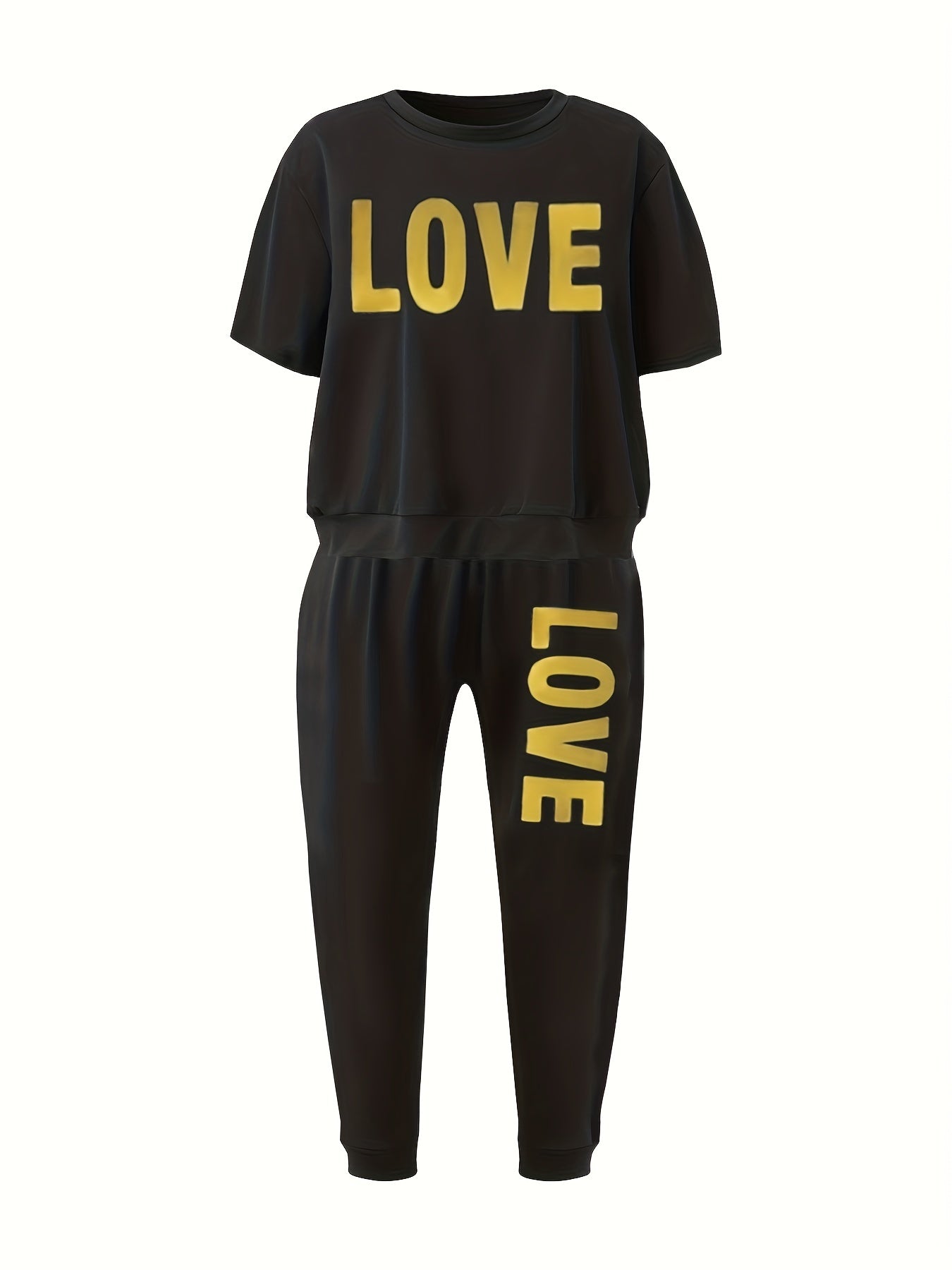 Love Print Short Sleeve Top & Pants Set Women's Plus Sport