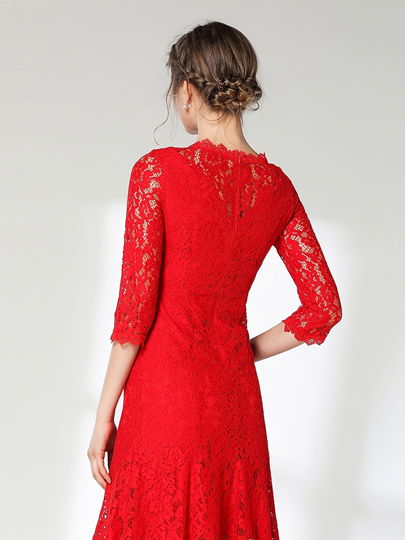 Lace Solid Dress 3/4 Sleeve Crew Neck Dress Women's Clothing