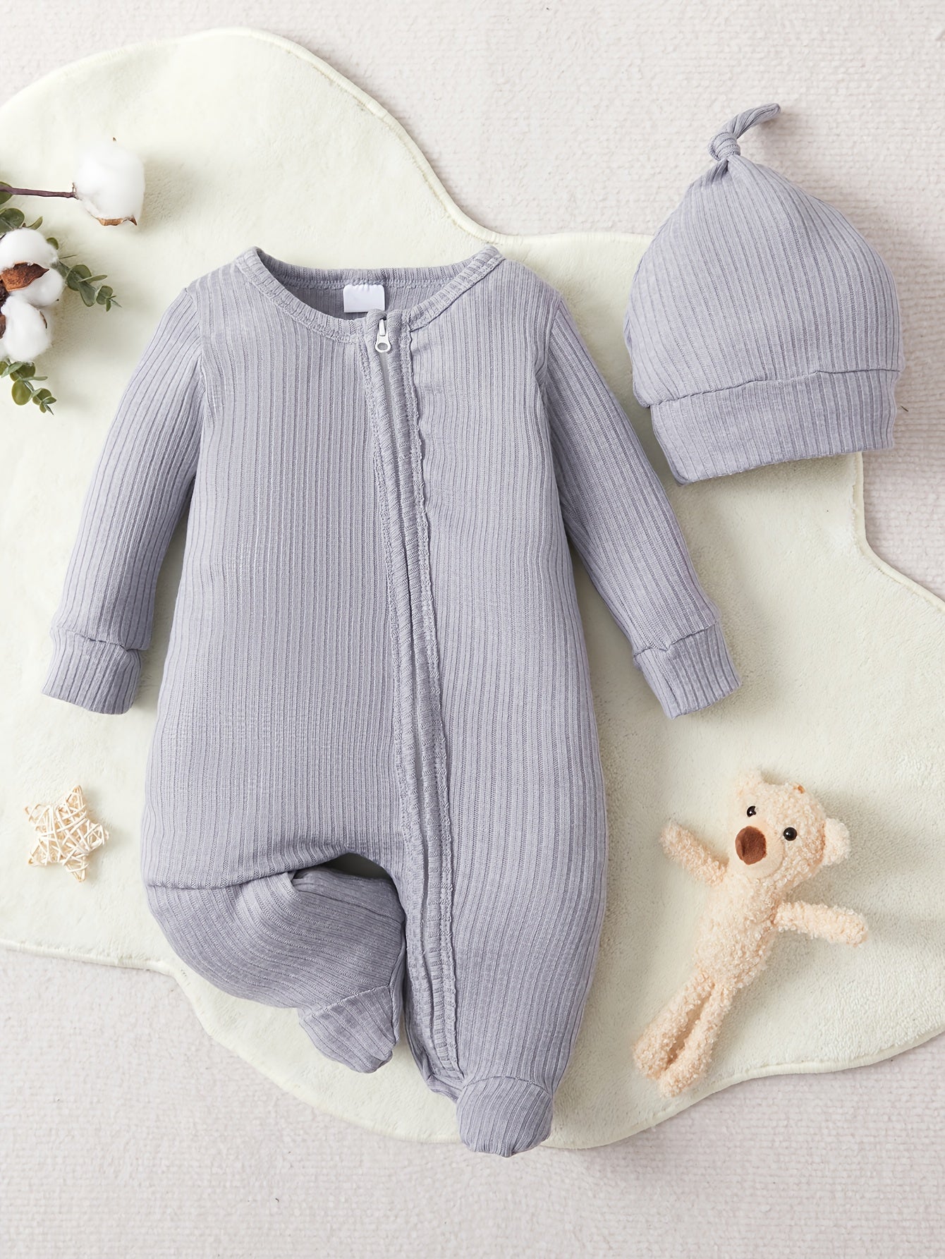 2pcs Baby Unisex Zipper Romper & Hat Set