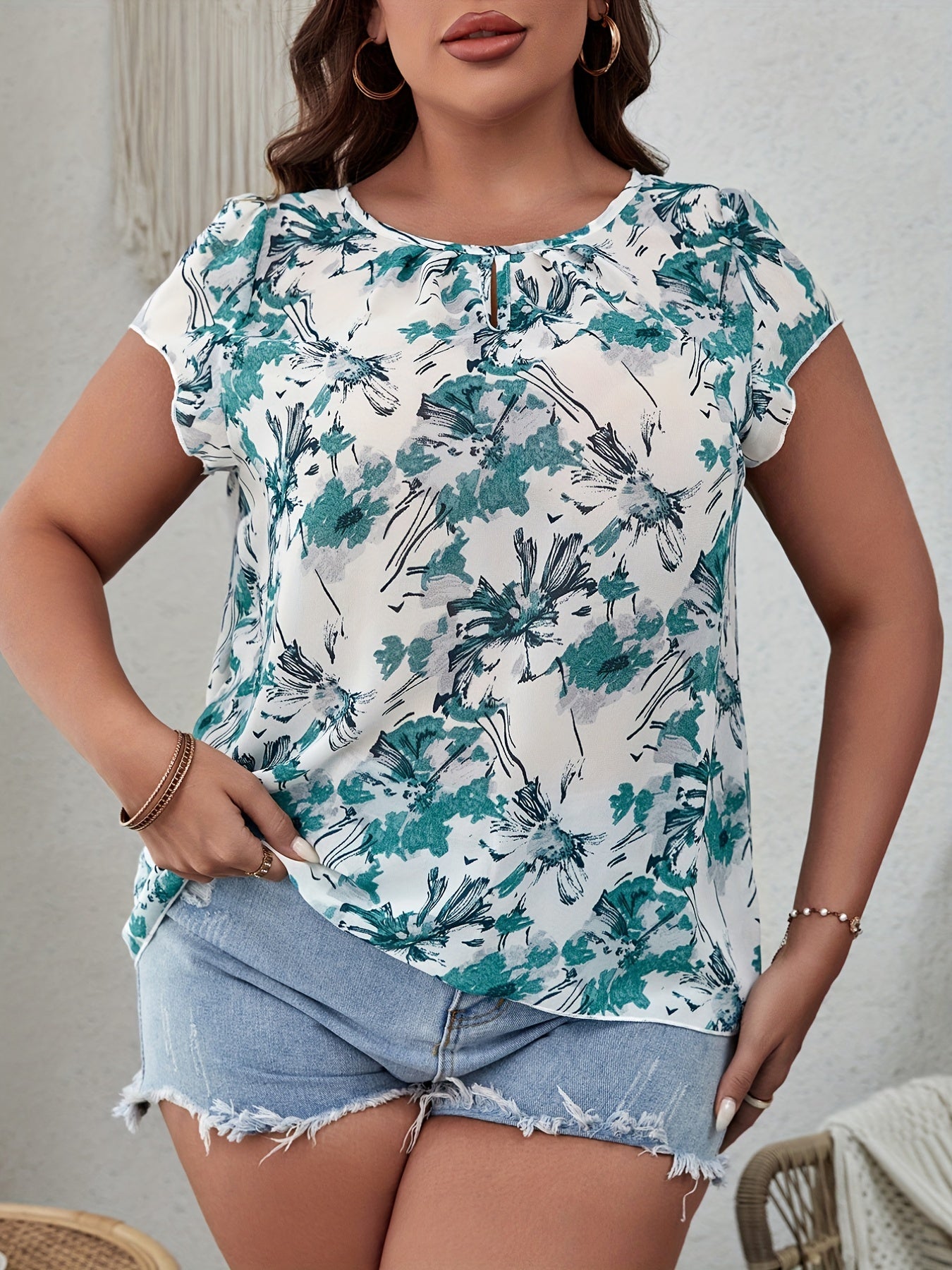 Casual Blouse Women's Plus Floral Print Short Sleeve Round Neck