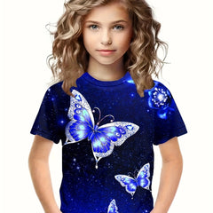 Butterfly Pattern Crew Neck Short Sleeve T-shirt for Summer Sports