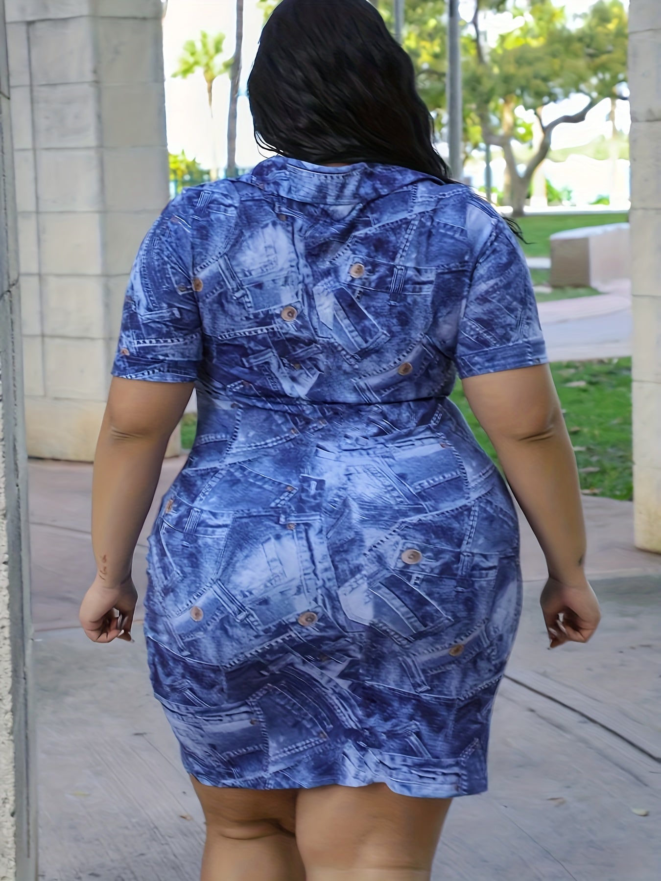 Y2K Denim Dress Women's Plus Short Sleeve Button Up Lapel