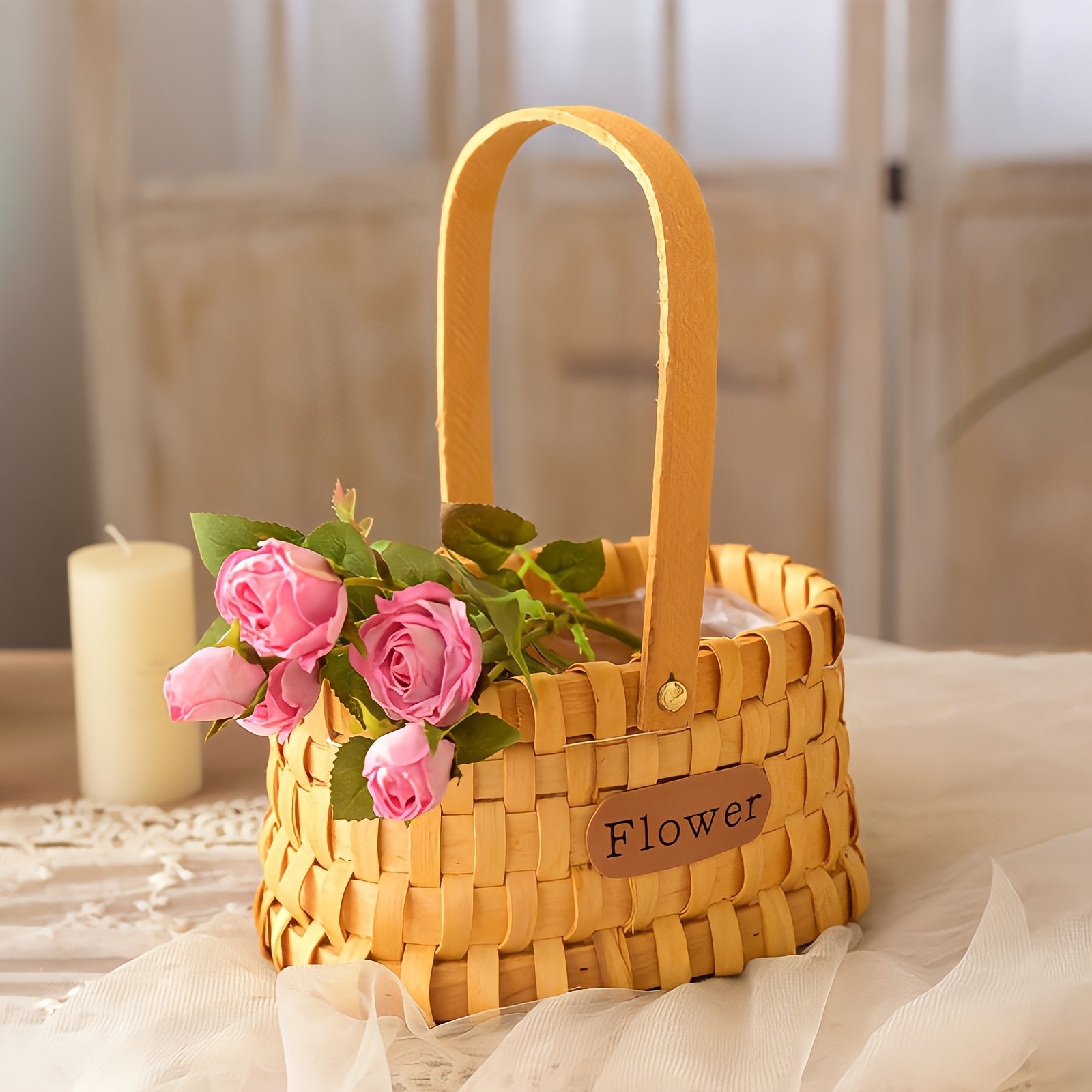 Wooden Chip Flower Basket Handheld Grass Woven Flower Pot