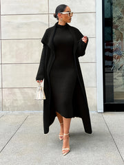Solid Flannel Cardigan & Midi Dress Set
