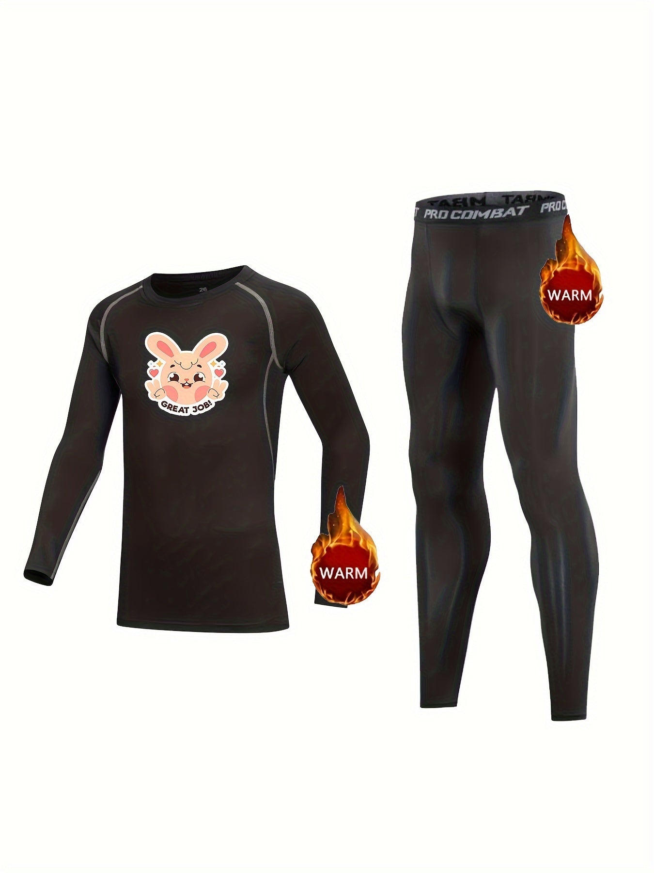 2pcs Kids Compression Fleece Sets Rabbit Pattern Crew Neck Pullover & Pants