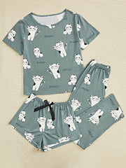 Cartoon Cat Print Pajama Set Short Sleeve Top & Shorts Women's Sleepwear