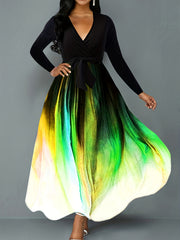 Colorblock Ombre Print Maxi Dress With Belt