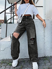 Distressed Straight Jeans Ripped Holes Loose Fit Denim Pants