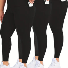 3 Pack Plus Size Casual Leggings Set Women's Plus Solid Tummy Control