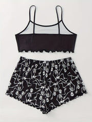 Skull Print Cami Top & Shorts Pajama Set Plus Size 2pcs Set